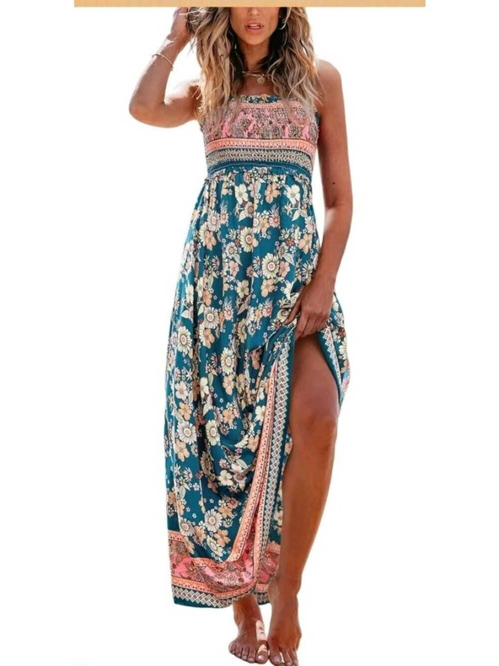 Women's Boho Chic Floral Print Maxi Dress with Smocked Bodice Small